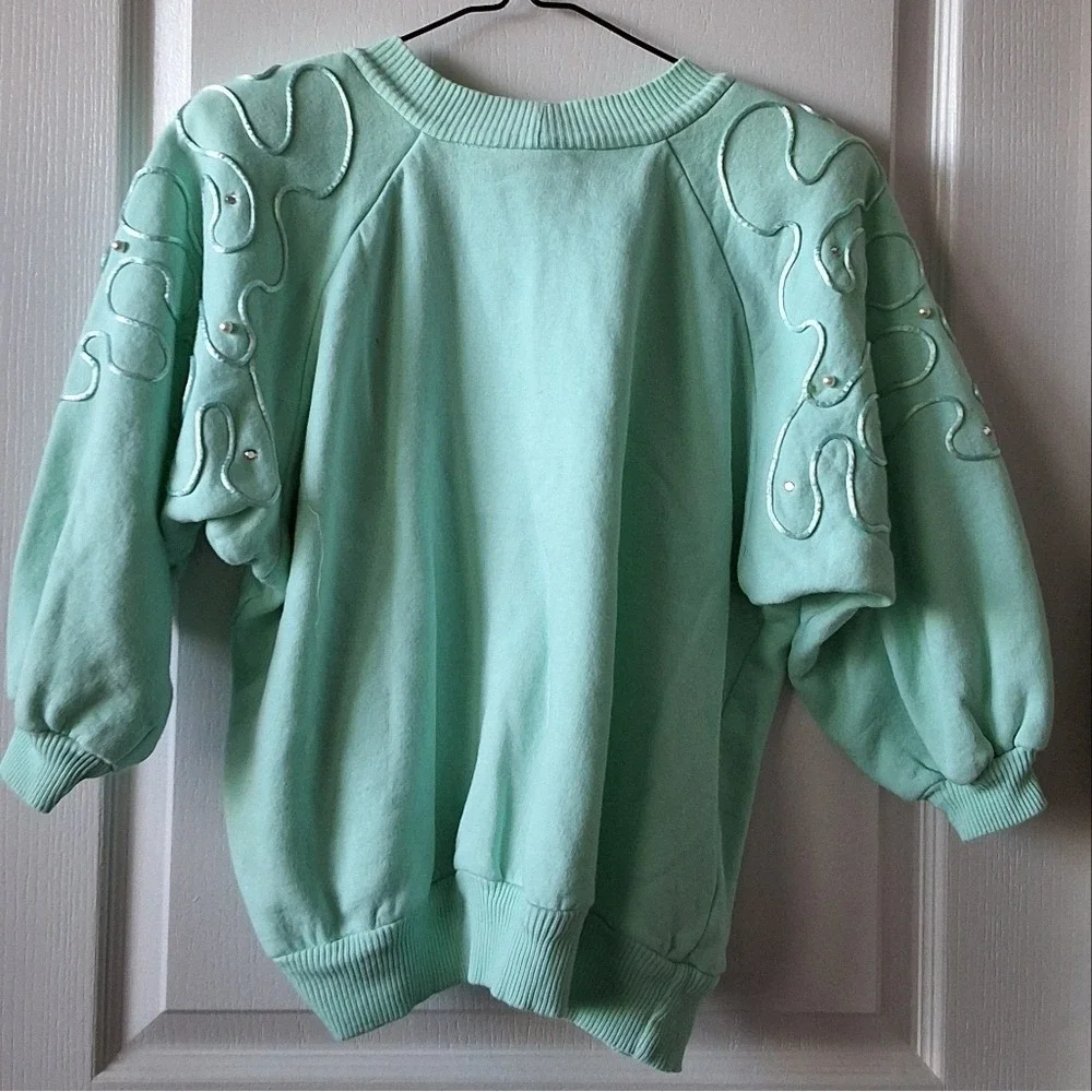 Bodalia Aqua Sweater 1980s Rhinestones Pearls Puffed Sleeves Vintage Flash Dance
